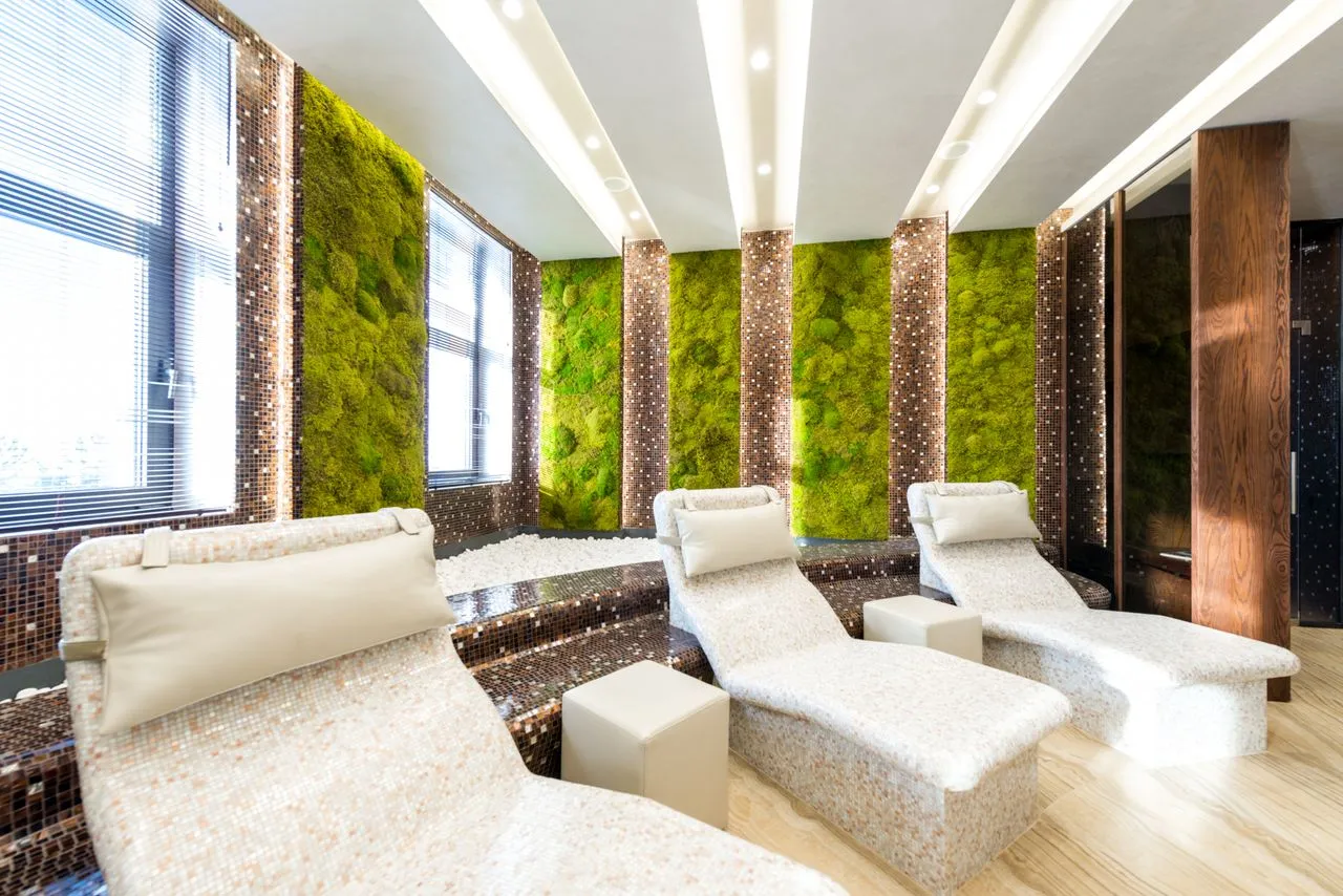 Svetel wellness prostor z ležalniki in zelenjem